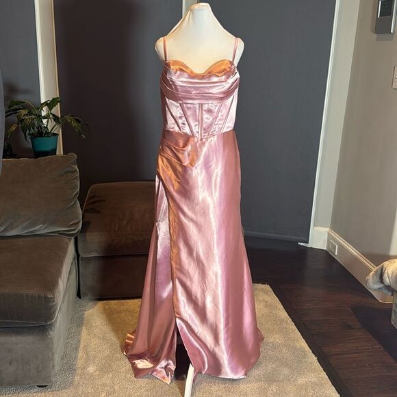 Pink Full Length Prom Party Dress Criss Cross Back Straps Leg Slit Size 14 NEW - Picture 1 of 11
